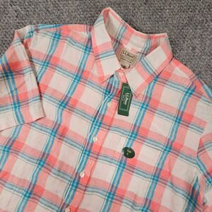 LL Bean Mens Large Tall Linen Shirt Short Sleeve Plaid Pink Coral Blue NWT